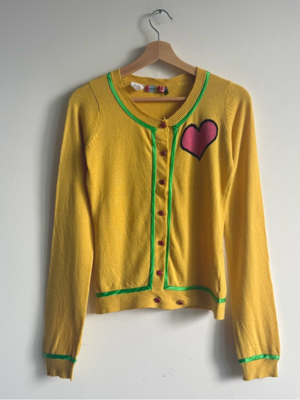 Petro Zillia Yellow Cardigan with Pink Heart and Green Trim